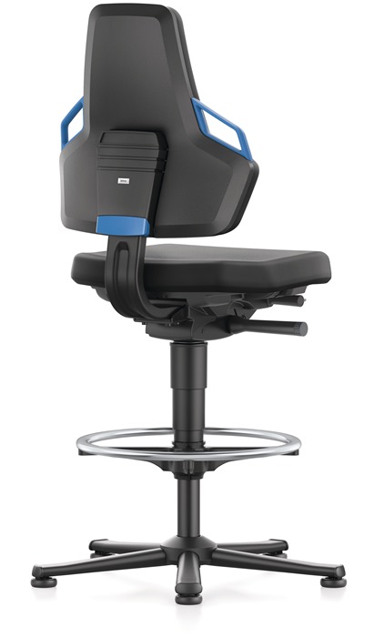Arbeitsdrehstuhl Nexxit Gleiter+Fußring PU-Schaum schwarz Griff blau 570-820mm