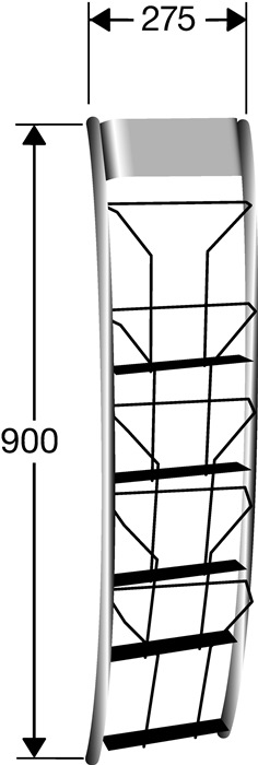 Prospekthalter H900xB275xT120mm 5Fächer DINA4+A5,DIN lang Stahldraht alusilber
