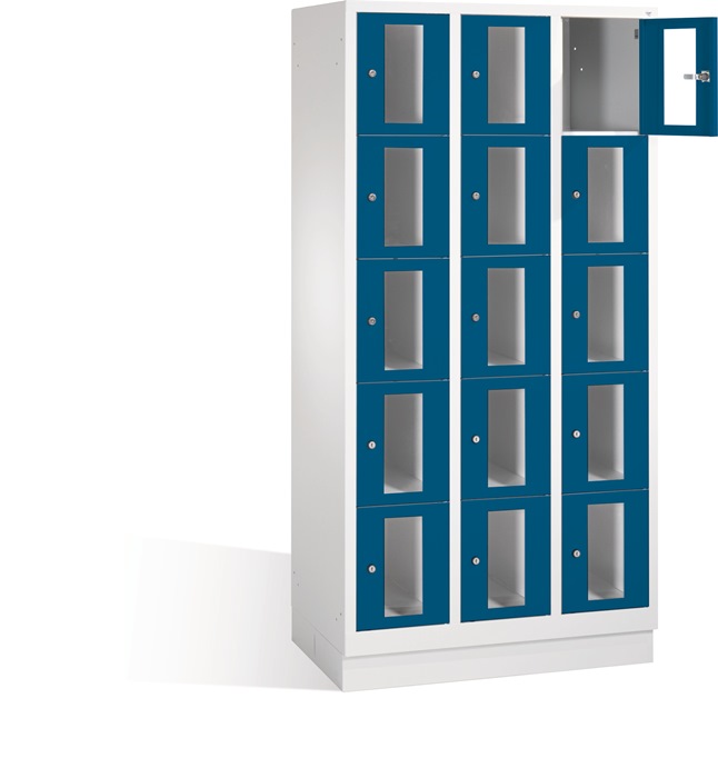 Fächerschrank H1800xB900xT500mm m.Sockel Anz.Fächer 3x5 grau/blau Sichtfenstert.