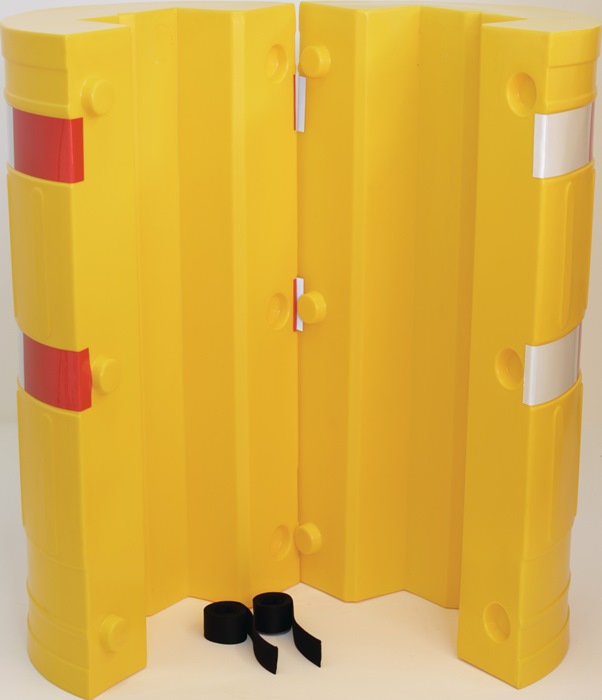 Säulen- u.Pfostenschutz H.1100mm f.Pfostenmaß 210x210mm HDPE gelb m.Warnstreifen