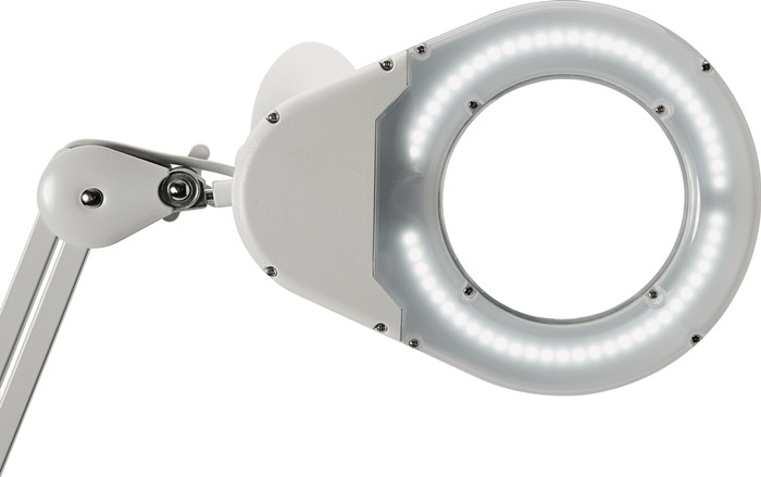 LED-Lupenleuchte Glaslinse 127mm 5 Zoll Tischklemme weiß m.Abdeckung,runder Kopf